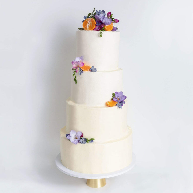 Cutter & Squidge Weddings Purple Floral - Four Tier (12", 10", 8", 6") FOUR TIER DECORATED WHITE WEDDING CAKE